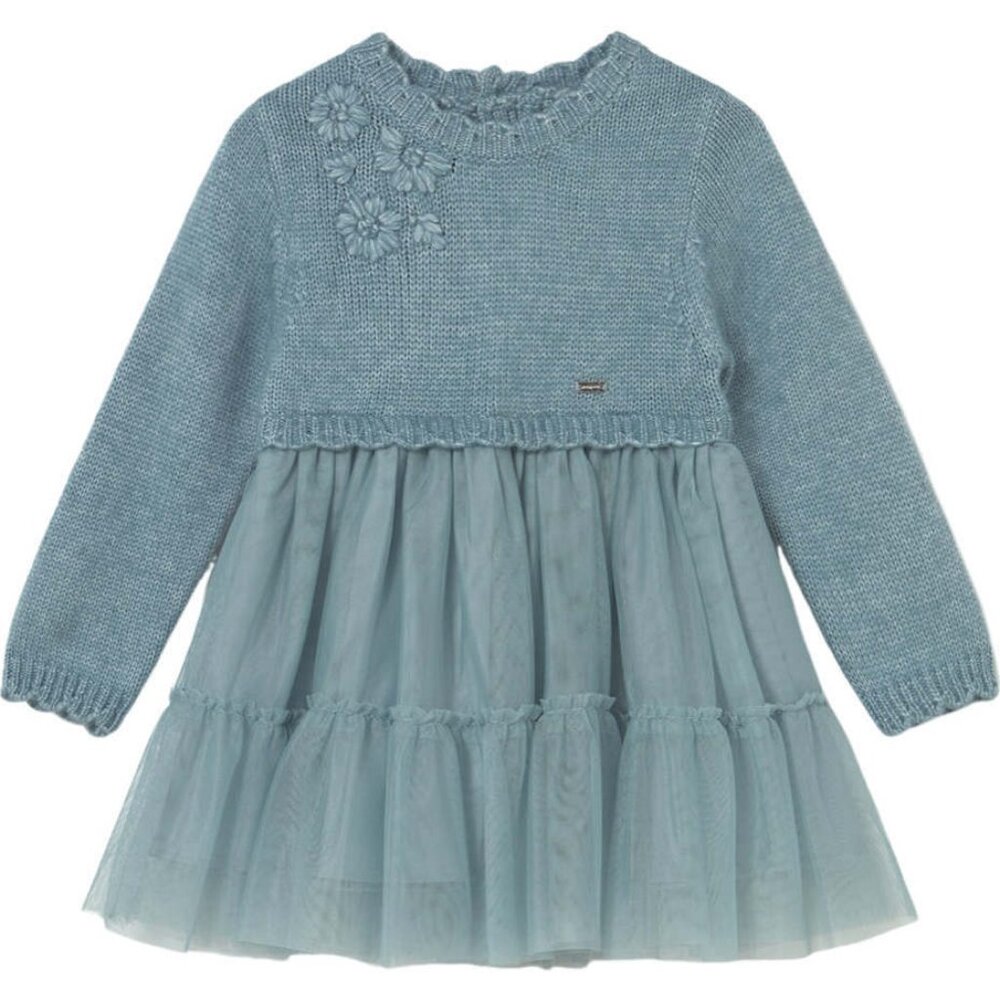 New! MAYORAL 18M Blue Knit and Tulle Dress Waved Collar - Picture 1 of 8